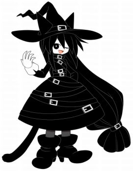 Rule 34 | 1girl, black dress, black eyes, black hair, black hat, black tail, boots, bright pupils, buckle, cat girl, cat tail, chlomaki (funamusea), dress, fang, full body, funamusea, funamusea (artist), hair belt, hand up, hat, long hair, official art, one eye closed, oounabara to wadanohara, open mouth, simple background, smile, solo, standing, sutare yume, tail, very long hair, white background, white pupils, witch, witch hat