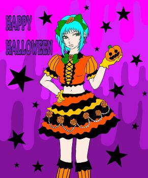 1girl blue_hair breasts dress earrings female_focus flower gloves green_eyes halloween halloween_costume highres jewelry leona_heidern long_hair medium_breasts pale_skin pumpkin skirt socks standing star_(symbol) the_king_of_fighters yukari_nesan