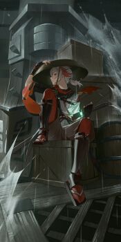 001122jem 1boy absurdres arm_up armor drawing_sword fingerless_gloves floating_hair full_body genshin_impact gloves glowing glowing_weapon grey_hair hand_on_headwear hat highres holding holding_sword holding_weapon japanese_armor japanese_clothes kaedehara_kazuha knee_up long_hair looking_to_the_side low_ponytail male_focus multicolored_hair outdoors ponytail rain red_eyes red_hair scabbard sheath shorts shoulder_armor sitting sode solo sword two-tone_hair unsheathing water weapon wind