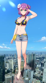 absurdres bikini bikini_under_clothes bracelet choker cloud commission d4dj denim denim_shorts flip-flops flower giant giantess hair_flower hair_ornament hidaka_saori highres jewelry navel numaguro_(tomokun0808) photo_background purple_hair real_world_location sandals short_shorts shorts sidelocks skeb_commission smile stomach swimsuit yellow_nails