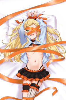 1girl absurdres areola_slip arms_up blonde_hair blush bow breasts demon_horns fake_horns fishnet_thighhighs fishnets frilled_thigh_strap garter_straps green_eyes hairband highres horn_hairband horns jacket lillie_(pokemon) long_hair looking_at_viewer navel nintendo open_mouth orange_bow pokemon pokemon_sm restrained shirokumaru_(yafm7388) single_thighhigh small_breasts solo thigh_strap thighhighs white_jacket