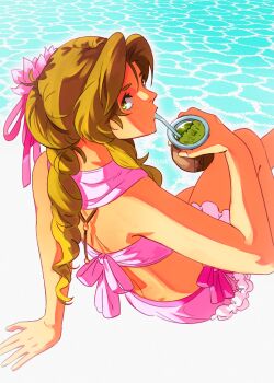 1girl aerith_gainsborough aerith_gainsborough_(pink_mermaid) bare_arms bare_shoulders bikini bikini_skirt braid braided_ponytail brown_hair commentary cup drinking emi-bianchi final_fantasy final_fantasy_vii final_fantasy_vii_rebirth final_fantasy_vii_remake flower green_eyes hair_flower hair_ornament hair_ribbon highres holding holding_cup looking_at_viewer midriff ocean official_alternate_costume parted_bangs pink_bikini pink_flower pink_ribbon ribbon sidelocks single_braid sitting solo swimsuit twitter_username untranslatable_commentary