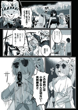 1boy 6+girls absurdres aiming bare_shoulders baseball_cap blue_archive breasts cleavage closed_mouth comiket_106 commentary_request eyewear_on_head floral_print floral_print_bikini flower greyscale gun hair_flower hair_ornament hair_over_one_eye halo hat highres hiyori_(blue_archive) hiyori_(swimsuit)_(blue_archive) holding holding_gun holding_weapon j._(anonymousarts) jacket large_breasts long_hair looking_at_viewer monochrome multiple_girls official_alternate_costume official_alternate_hairstyle print_bikini rifle saori_(blue_archive) saori_(swimsuit)_(blue_archive) sensei_(blue_archive) shiba_inu side_ponytail sunglasses tank_top translation_request weapon
