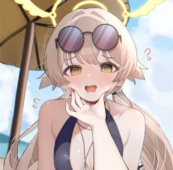 2girls @_@ beach bikini black_one-piece_swimsuit blue_archive blue_sky brown_hair cheek_squash cosplay eyewear_on_head female_pov flying_sweatdrops grabbing_another&#039;s_face hair_between_eyes halo halterneck head_grab hifumi_(blue_archive) highres jewelry long_hair looking_at_viewer low_twintails meme multiple_girls nagisa_(blue_archive) nagisa_(swimsuit)_(blue_archive) one-piece_swimsuit open_mouth outdoors parasol pov pov_cheek_grabbing_(meme) pov_hands shusuchii sky squeezing_cheeks sunglasses swimsuit twintails umbrella yellow_eyes yellow_halo