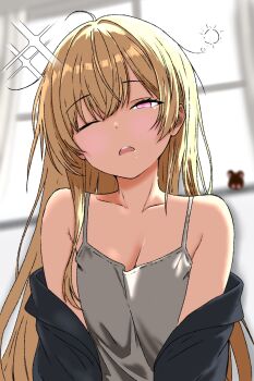 1girl ;o blonde_hair blurry blurry_background breasts camisole cleavage day facing_viewer highres hisanoillust indoors long_hair morning one_eye_closed original pink_eyes small_breasts upper_body waking_up