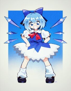 Rule 34 | 1girl, blue bow, blue dress, blue eyes, blue hair, blush, bow, cirno, deformed, dress, faux retro artstyle, hands on own hips, highres, ice, ice wings, kitchupsandwich, lace, lace-trimmed dress, lace trim, leg warmers, legs apart, mary janes, open mouth, puffy short sleeves, puffy sleeves, red bow, shoes, short hair, short sleeves, simple background, single tooth, smile, solo, touhou, two-tone dress, white leg warmers, wings