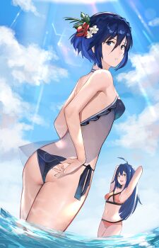2girls adjusting_clothes ahoge armpits arms_behind_head arms_up ass bare_arms bare_shoulders bikini black_bikini black_ribbon blue_bikini blue_eyes blue_hair blue_sky braid breasts butt_crack choker cleavage cleavage_cutout clothing_cutout cloud crown_braid day fire_emblem fire_emblem:_path_of_radiance fire_emblem:_radiant_dawn fire_emblem_awakening fire_emblem_heroes flower hair_between_eyes hair_flower hair_ornament highres j@ck leaf_hair_ornament lens_flare light_rays looking_at_viewer looking_back lucina_(fire_emblem) lucina_(summer)_(fire_emblem) mia_(fire_emblem) mia_(summer)_(fire_emblem) multiple_girls navel nintendo orange_bikini outdoors parted_lips red_flower ribbon see-through_clothes short_hair side-tie_bikini_bottom sky small_breasts sunbeam sunlight swimsuit wading water white_flower