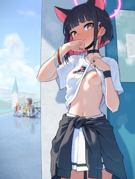 4girls after-school_sweets_club_(blue_archive) airi_(band)_(blue_archive) airi_(blue_archive) black_choker black_hair black_jacket blue_archive breasts choker closed_mouth clothes_lift commentary halo jacket kazusa_(band)_(blue_archive) kazusa_(blue_archive) looking_at_viewer medium_hair multiple_girls natsu_(band)_(blue_archive) natsu_(blue_archive) navel nervous nipples paid_reward_available pink_eyes pink_hair pink_halo shirt shirt_lift skirt solo_focus special_cat sweat tied_jacket white_shirt white_skirt yoshimi_(band)_(blue_archive) yoshimi_(blue_archive)