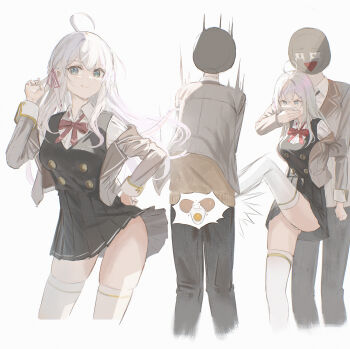 1girl 2boys absurdres alisa_mikhailovna_kujou arms_behind_back broken_egg cailin020 chloroform closed_mouth covering_another&#039;s_mouth crotch_kick egg egg_yolk gagged grabbing_from_behind hand_gagged hand_over_another&#039;s_mouth highres kicking multiple_boys school_uniform shirt struggling tokidoki_bosotto_roshia-go_de_dereru_tonari_no_alya-san white_background white_hair white_shirt