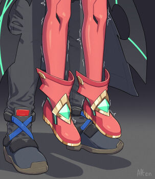 1boy 1girl alten boots covered_knees grey_background hanging_legs height_difference hetero highres implied_sex lifting_person lower_body pyra_(xenoblade) red_shoes reverse_suspended_congress rex_(xenoblade) sex_from_behind shadow shoes trembling variant_set xenoblade_chronicles_(series) xenoblade_chronicles_2 xenoblade_chronicles_3 xenoblade_chronicles_3:_future_redeemed