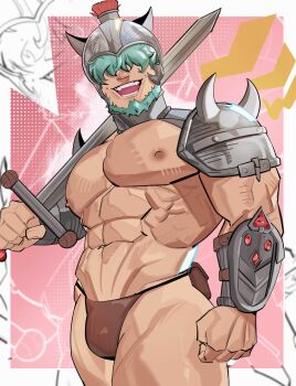 1boy abs absurdres alternate_muscle_size bara beard commentary facial_hair fire_emblem fire_emblem:_the_blazing_blade green_hair hair_over_eyes helmet highres holding holding_sword holding_weapon jaxcian large_pectorals lowen_(fire_emblem) male_focus muscular muscular_male nintendo nipples open_mouth pectorals solo sword sword_of_hisou weapon