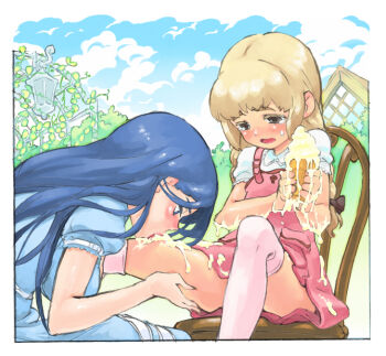 2girls age_difference blonde_hair blue_dress blue_eyes blue_hair blush braid breasts chair colored_eyelashes crying dress food grey_eyes hand_on_another's_leg house ice_cream lantern large_breasts licking licking_leg loli long_hair melting molestation multiple_girls onee-loli open_mouth original outdoors over-kneehighs pink_dress shirt short_sleeves sky soft_serve thighhighs twin_braids usikani white_shirt yuri