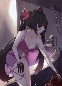 1girl absurdres alternate_costume babydoll bathroom bathtub black_gloves black_hair breasts collarbone commentary_request dress flower_tattoo gloves hand_on_own_thigh highres holding holding_unworn_clothes holding_unworn_dress honkai:_star_rail honkai_(series) hose indoors long_hair medium_breasts navel panties pink_babydoll pink_panties purple_eyes single_glove solo sparkle_(honkai:_star_rail) stomach takumi_(user_xmwf4727) tattoo twintails underwear undressing unworn_dress very_long_hair wet