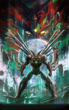 earth_(planet) gattai getter_arc getter_robo getter_robo_arc hayaken_sarena highres looking_at_viewer mecha mecha_focus planet powering_up robot science_fiction shin_getter-1 shiny_eyes spikes super_robot