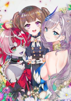 Rule 34 | 3girls, :d, absurdres, ahoge, anya melfissa, anya melfissa (1st costume), aqua eyes, backless dress, backless outfit, black dress, blonde hair, blue dress, blunt ends, bow, bowtie, braid, braided bangs, breasts, bright pupils, brooch, brown hair, center-flap bangs, center frills, closed mouth, colored skin, colored tongue, commentary, diamond-shaped pupils, diamond (shape), double-parted bangs, double bun, dress, earrings, falling petals, fangs, feather hair ornament, feathers, flat chest, flower, frilled dress, frills, gradient eyes, green eyes, grey hair, grey skin, hair bun, hair ornament, heterochromia, highres, hololive, hololive indonesia, jewelry, kureiji ollie, kureiji ollie (1st costume), large breasts, looking at viewer, mismatched pupils, multicolored eyes, multicolored hair, multiple girls, neck ring, open mouth, patchwork skin, pavolia reine, pavolia reine (1st costume), petals, pink hair, ponytail, puffy short sleeves, puffy sleeves, purple eyes, purple tongue, red eyes, red hair, short hair, short sleeves, sideboob, sleeveless, sleeveless dress, smile, sowon, stitched face, stitched torso, stitches, streaked hair, swept bangs, symbol-only commentary, symbol-shaped pupils, torn clothes, torn dress, two side up, virtual youtuber, wavy hair, white bow, white bowtie, white hair, white pupils, x-shaped pupils, yellow eyes, zombie