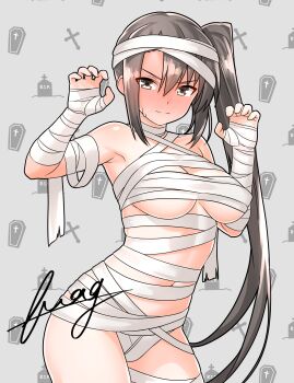 1girl absurdres artist_name black_hair breasts brown_eyes claw_pose cleavage clenched_teeth commentary_request embarrassed furaggu_(frag_0416) highres kantai_collection large_breasts long_hair looking_at_viewer mummy_costume nachi_(kancolle) navel nipples side_ponytail solo stomach teeth thighs underboob variant_set watermark