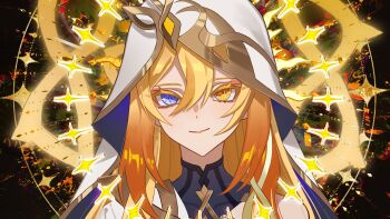 Rule 34 | 1girl, absurdres, blonde hair, blue eyes, closed mouth, colored eyelashes, commentary request, dress, genshin impact, gradient hair, hair between eyes, halo, halo behind head, heterochromia, highres, long hair, looking at viewer, miaoyeza233, mismatched pupils, multicolored hair, rhinedottir (genshin impact), smile, solo, symbol-shaped pupils, upper body, veil, white veil, yellow eyes