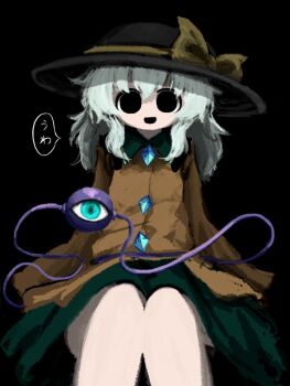 Rule 34 | 1girl, black background, black eyes, black hat, bow, buttons, diamond button, empty eyes, eyeball, frilled shirt collar, frills, green hair, green skirt, hat, hat bow, heripantomorrow, komeiji koishi, long hair, long sleeves, open mouth, shirt, simple background, skirt, smile, solo, speech bubble, third eye, touhou, translation request, unusually open eyes, wide sleeves, yellow bow, yellow shirt