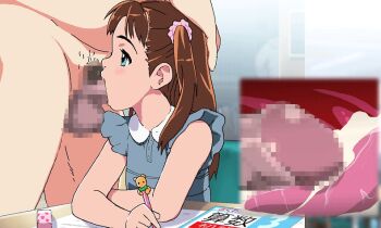 animated animated_gif blue_eyes book brown_hair censored clothed_female_nude_male cum cum_in_mouth cum_on_tongue erection fellatio flat_chest hand_on_another's_head loli nighthawk_(circle) nude oral pencil penis shirt sleeveless sleeveless_shirt source_request studying testicles time_stop tongue twintails