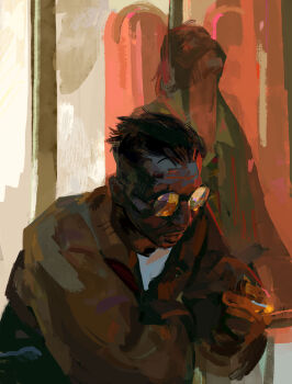 2boys absurdres black_hair bomber_jacket brown_hair cigarette closed_eyes collared_shirt commentary disco_elysium english_commentary facial_hair green_shirt hair_slicked_back harry_du_bois head_back highres holding holding_cigarette jacket kim_kitsuragi male_focus multiple_boys mutton_chops on_railing orange_jacket oxxxomo railing round_eyewear shirt short_hair white_shirt