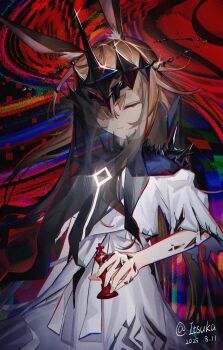 1girl absurdres amiya_(arknights) amiya_(demon_king)_(arknights) animal_ears arknights brown_hair chess_piece closed_eyes crown dress floating_crown highres itsuka_(pixiv90988220) long_hair rabbit_ears solo white_dress