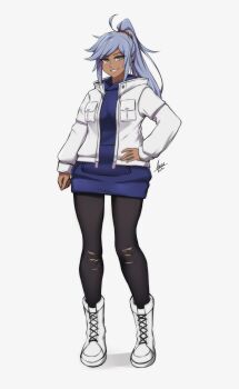 1girl absurdres ahoge airisubaka artist_name black_pantyhose blue_hoodie boots commentary dark-skinned_female dark_skin full_body grey_background grey_hair grin hand_on_own_hip highres hood hood_down hoodie jacket june_(airisubaka) lace-up_boots long_hair long_sleeves looking_at_viewer original pantyhose ponytail red_scrunchie scrunchie sharp_teeth signature simple_background smile solo standing symbol-only_commentary teeth torn_clothes torn_pantyhose white_boots white_jacket