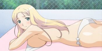 1girl anime_screenshot ass bikini blonde_hair blush breast_press breasts date_wingfield_reiko fault!! green_eyes large_breasts long_hair looking_at_viewer looking_back lying on_stomach sideboob smile solo stitched sunbathing swimsuit third-party_edit topless_female towel unworn_bikini_top white_bikini