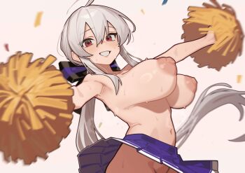 1girl absurdres ahoge armpits blush bouncing_breasts breasts cheerleader commentary commission grey_hair groin hair_between_eyes highres holding holding_pom_poms large_breasts long_hair looking_at_viewer nipples no_panties out-of-frame_censoring outstretched_arms pink_background pixiv_commission pom_pom_(cheerleading) pom_poms ponytail purple_skirt red_eyes simple_background skirt solo sweat symbol-only_commentary topless_female very_sweaty vocaloid wepwawet yowane_haku