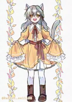 1girl :d animal_ear_fluff animal_ears boots bow braid braided_bangs brooch cat_ears cat_girl cat_tail commentary_request dress frilled_sleeves frills full_body grey_hair hair_between_eyes hair_ribbon highres jacket jewelry juliet_sleeves korean_commentary long_hair long_sleeves looking_at_viewer lout_of_count&#039;s_family neck_ribbon ohn_(lout_of_count&#039;s_family) open_mouth pantyhose puffy_sleeves rabbit_sel1108 red_ribbon ribbon sash shirt simple_background skirt skirt_hold smile solo standing tail twitter_username white_background white_pantyhose yellow_dress yellow_eyes yellow_jacket yellow_skirt