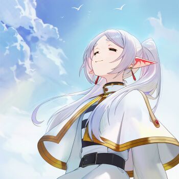 1girl =_= belt bird capelet closed_eyes cloud earrings elf frieren gold_trim high_collar highres jewelry light_smile long_hair long_pointy_ears long_sleeves looking_up melreon meme outdoors parted_bangs pointy_ears short_eyebrows sky smile solo sousou_no_frieren teardrop_earrings twintails upward_angle_frieren_drawing_(meme) white_capelet white_hair