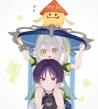 Rule 34 | 1boy, 1girl, aranara (genshin impact), arms up, black bodysuit, bloomers, blue cape, blue hat, blunt ends, bodysuit, bracelet, cape, carrying, closed mouth, commentary, creature on head, cross-shaped pupils, crossed bangs, curled fingers, detached sleeves, double-parted bangs, dress, eyeliner, eyeshadow, genshin impact, gold, gradient hair, green eyes, green hair, green sleeves, grey hair, hair between eyes, hair intakes, hands up, hat, head between thighs, highres, holding, holding unworn clothes, holding unworn hat, jewelry, jingasa, knees, looking at another, looking down, looking up, lower teeth only, makeup, mandarin collar, multicolored hair, musical note, nahida (genshin impact), on shoulder, open mouth, parted bangs, person on shoulder, pointy ears, purple eyes, purple hair, red eyeliner, red eyeshadow, revision, sakana ( sakanasakana), scaramouche (genshin impact), shoulder carry, shoulder peek, side ponytail, sidelocks, stirrup footwear, stirrup legwear, sweatdrop, symbol-only commentary, symbol-shaped pupils, teeth, tilted headwear, toeless legwear, underwear, unworn hat, unworn headwear, wanderer (genshin impact), white background, white bloomers, white dress, white sleeves