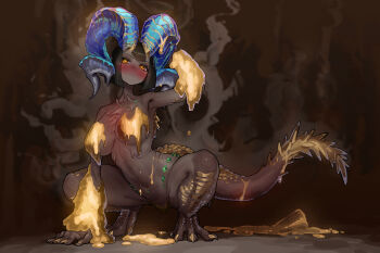 1girl absurdres arm_support armpits black_hair black_skin blush breasts claws closed_mouth colored_skin convenient_censoring covered_erect_nipples dissolving dissolving_clothes dragon_girl dragon_horns ekrea_jan full_body gold gold_scales hand_on_floor highres horns kulve_taroth medium_breasts melting midriff monster_girl monster_hunter_(series) navel nose_blush nude personification scales simple_background size_difference smoke solo solo_focus spread_legs squatting stomach yellow_eyes