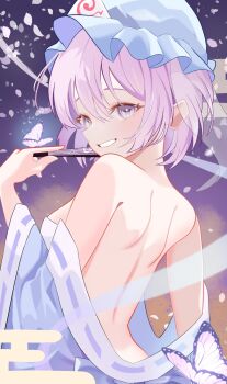 1girl bare_back blue_kimono bug butterfly chocolate_(pixiv105824816) commentary folded_fan folding_fan frills hand_fan hat highres holding holding_fan insect japanese_clothes kimono mob_cap open_clothes open_kimono petals pink_eyes pink_hair purple_butterfly saigyouji_yuyuko short_hair smile solo touhou triangular_headpiece untranslatable_commentary