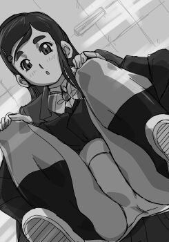 1girl ass blazer bow bowtie crotch futari_wa_precure greyscale hair_ornament hairclip highres hinokawa_jun jacket legs long_hair looking_at_viewer low_angle miniskirt monochrome panties precure school_uniform shoes skirt socks solo thighs underwear upskirt yukishiro_honoka