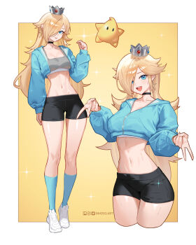 1girl :d alternate_costume bike_shorts black_choker black_shorts blonde_hair blue_eyes blue_jacket blue_socks breasts choker commentary cropped_jacket crown double_gyaru_v english_commentary gyaru_v hair_over_one_eye highres inhoso jacket long_hair long_sleeves looking_at_viewer luma_(mario) mario_(series) multiple_views navel nintendo open_mouth rosalina shoes shorts smile socks sweat v very_long_hair white_shoes