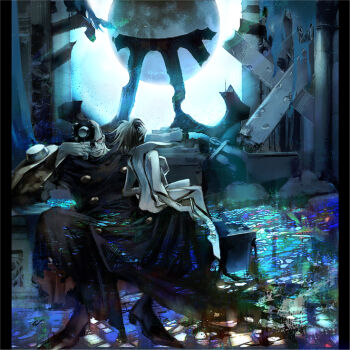 2boys bodysuit braiking_boss casshern casshern_(series) casshern_sins hand_up hideaki indoors male_focus moon multiple_boys red_eyes robot ruins sitting white_bodysuit