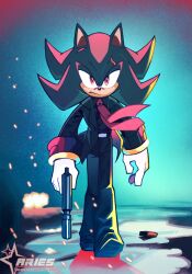Rule 34 | 1boy, animal nose, aqua background, artist name, black footwear, black fur, black jacket, black pants, black suit, collared shirt, cosplay, embers, explosion, formal, frown, gloves, gun, half-closed eyes, hedgehog boy, hedgehog ears, highres, holding, holding gun, holding weapon, jacket, jewelry, john wick, john wick (character), john wick (character) (cosplay), k0smic aries, moccasins, multicolored hair, multiple rings, necktie, pants, puddle, red eyes, red fur, red necktie, ring, scar, scar across eye, serious, shadow the hedgehog, shirt, shoes, solo, sonic (series), streaked hair, suit, suit jacket, suppressor, voice actor connection, walking, weapon, white gloves, wind