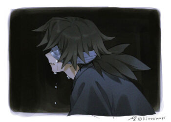 Rule 34 | 1boy, alternate costume, bandage over one eye, black background, black hair, blue kimono, border, crying, japanese clothes, kimetsu no yaiba, kimono, long hair, low ponytail, male focus, parted lips, ponytail, profile, solo, spiked hair, streaming tears, sujiko (125motimoti), tears, teeth, tomioka giyuu, twitter username, upper body, white border