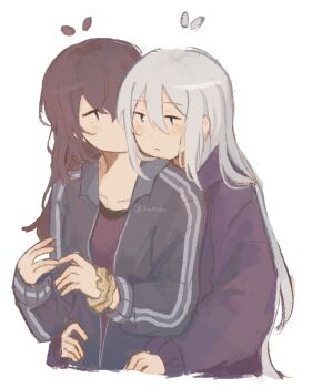 2girls asahina_mafuyu blue_eyes blue_jacket borrowed_clothes closed_mouth commentary cosplay costume_switch english_commentary grey_hair hands_on_another&#039;s_waist highres jacket jimmy1516789 long_hair long_sleeves multiple_girls project_sekai purple_eyes purple_hair purple_jacket purple_shirt shirt simple_background track_jacket white_background yoisaki_kanade yuri