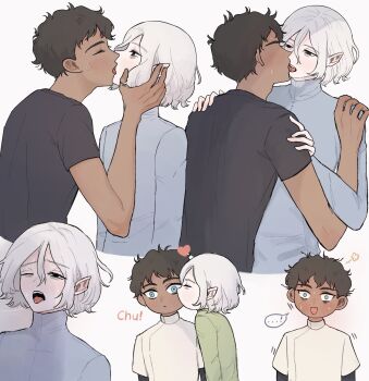...! 2boys bags_under_eyes black_eyes black_hair blue_eyes curly_hair dark-skinned_male dark_skin deformed dungeon_meshi elf french_kiss grey_hair heart highres kabru kiss lazy_eye long_sleeves male_focus mchi125 mithrun multiple_boys multiple_views notched_ear open_mouth pointy_ears saliva saliva_trail shirt short_hair short_sleeves simple_background speech_bubble sweat tongue tongue_out uneven_eyes white_background yaoi