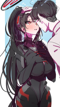 1boy 1girl ? @_@ black-framed_eyewear black_bodysuit blue_archive blush bodysuit breasts commentary_request flying_sweatdrops forehead-to-forehead glasses halo hand_on_another's_head hands_on_own_chest heads_together hetero high_ponytail highres kasasagi_(futagodori888) large_breasts long_hair nervous_sweating official_alternate_costume partial_commentary ponytail rio_(armed)_(blue_archive) rio_(blue_archive) sensei_(blue_archive) sweat very_long_hair