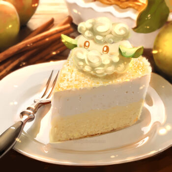 artist_name cake commentary cottonee fluffybiscotti food fork gen_5_pokemon nintendo no_humans orange_eyes plate pokemon pokemon_(creature) solo watermark