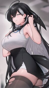 1girl absurdres armpit_peek black_hair black_skirt black_thighhighs borrowed_character breasts colored_inner_hair commentary cowboy_shot double-parted_bangs from_below from_side grey_hair grey_shirt hair_between_eyes hands_up high-waist_skirt highres huge_breasts long_bangs long_hair looking_at_viewer looking_down looking_to_the_side multicolored_hair orca_(haze_(7h4ze)) original parted_lips pencil_skirt reiji-rj shirt skirt sleeveless sleeveless_shirt smile solo standing swimsuit symbol-only_commentary thick_thighs thighhighs thighs torn_clothes torn_thighhighs very_long_hair white_eyes