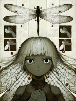 1girl arthropod_girl black_lips bug closed_mouth clothing_cutout colored_sclera colored_skin commentary dragonfly english_commentary expressionless grey_sclera grey_skin head_wings highres insect insect_wings isa_(31q_13) jewelry lace original ring ringed_eyes shoulder_cutout solo white_eyes white_hair wings