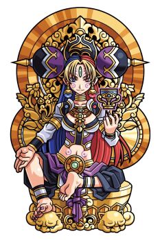 Rule 34 | 1girl, balancile, barefoot, blonde hair, blue eyes, blue hair, bracelet, breasts, closed mouth, cup, earrings, facial tattoo, forehead jewel, forehead tattoo, gold collar, hair ornament, harakawa mitsuhiro, heterochromia, jewelry, long hair, midriff, multicolored hair, nail polish, navel, official art, parted bangs, pedestal, purple nails, red eyes, red hair, shinrabanshou, sitting, solo, stomach tattoo, tattoo, third-party source, transparent background