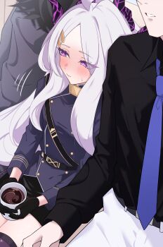 Rule 34 | 1boy, 1girl, absurdres, ahoge, black gloves, black horns, black jacket, black shirt, black skirt, blue archive, blue necktie, blush, closed mouth, coffee, commentary request, cup, gloves, highres, hina (blue archive), holding, holding cup, horns, jacket, long hair, necktie, pants, purple eyes, sensei (blue archive), shirt, sitting, skirt, suga kiiha, white hair, white pants