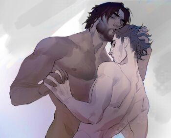 Rule 34 | 2boys, arcane: league of legends, arcane survivor jayce, arms up, back, beard, brown hair, chest hair, closed eyes, collarbone, commentary, dutch angle, english commentary, facial hair, hand in another's hair, highres, interlocked fingers, kiss, kissing forehead, league of legends, male focus, multiple boys, muscular, muscular male, nipples, open mouth, parted hair, pectorals, rebezart, short sideburns, viktor (arcane), viktor (league of legends), yaoi