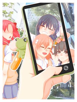 Rule 34 | 4girls, absurdres, asymmetrical bangs, black eyes, black hair, brown hair, brown sweater vest, cellphone charm, cellphone photo, charm (object), collared shirt, commentary, english commentary, flower, gekota, grey skirt, hair flower, hair ornament, hairpin, head wreath, highres, long hair, misaka mikoto, multiple girls, outdoors, pleated skirt, sakugawa school uniform, saten ruiko, school uniform, selfie, serafuku, shion ni, shirai kuroko, shirt, short hair, short sleeves, skirt, summer uniform, sweater vest, toaru kagaku no railgun, toaru majutsu no index, tokiwadai school uniform, twintails, uiharu kazari, v-neck, viewer holding phone, white shirt