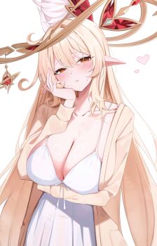 1girl alice_(genshin_impact) blonde_hair breasts brown_coat cleavage coat collarbone commentary_request dress genshin_impact hat heart highres large_breasts long_hair looking_at_viewer nenight pointy_ears red_eyes simple_background solo very_long_hair white_background white_dress witch_hat