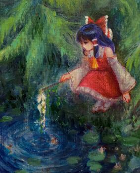 1girl absurdres ascot bare_shoulders black_hair bow commentary detached_sleeves english_commentary fish frilled_hair_tubes frills full_body gohei hair_bow hair_tubes hakurei_reimu highres holding holding_gohei koi lily_pad long_hair long_sleeves oil_painting_(medium) painting_(medium) red_bow red_ribbon red_shirt red_skirt ribbon ribbon-trimmed_sleeves ribbon_trim ripples sandals shirt skirt sleeveless sleeveless_shirt solo squatting svveetberry touhou traditional_media water white_sleeves wide_sleeves yellow_ascot zouri